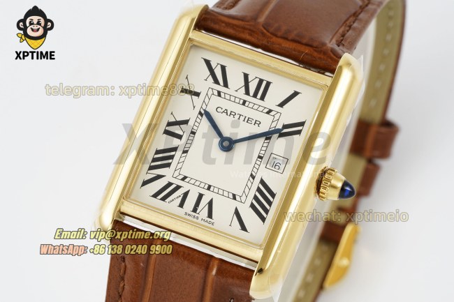 Tank Louis Date 25.5mm AF White/Roman on YG/LE Strap Quartz Tank Louis Date 25.5mm AF White/Roman on YG/LE Strap Quartz