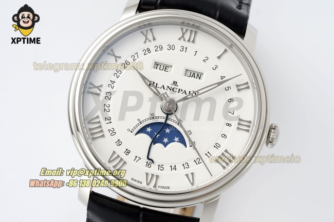 Villeret Complications 40mm APSF White/Roma/Numeral on SS/LE Strap A6654 Villeret Complications 40mm APSF White/Roma/Numeral on SS/LE Strap A6654