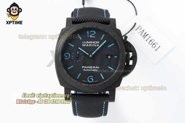 Luminor PAM1661 Carbotech Auto 44mm VSF Blue/Stick Numeral on FC/NY Strap P9010 Luminor PAM1661 Carbotech Auto 44mm VSF Blue/Stick Numeral on FC/NY Strap P9010