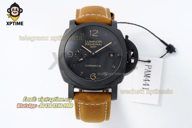 Luminor GMT PAM441 44mm VSF Black/Numeral on CER/LE Strap P9001 Super Clone Luminor GMT PAM441 44mm VSF Black/Numeral on CER/LE Strap P9001 Super Clone