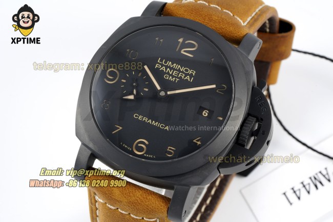 Luminor GMT PAM441 44mm VSF Black/Numeral on CER/LE Strap P9001 Super Clone Luminor GMT PAM441 44mm VSF Black/Numeral on CER/LE Strap P9001 Super Clone