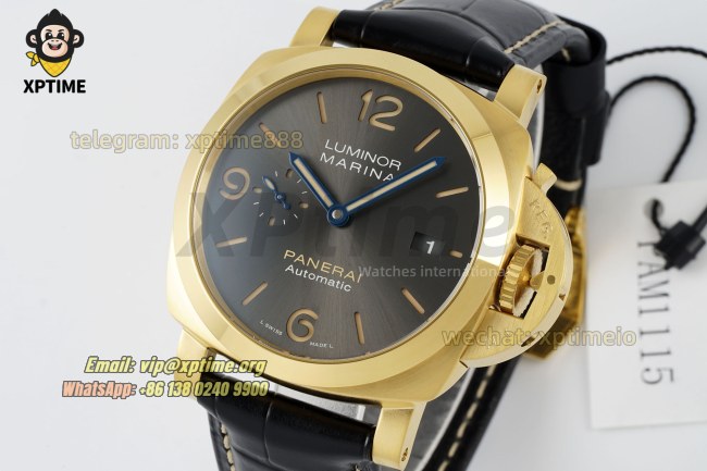 Luminor Marina Auto PAM1115 44mm VSF Gray/Stick & Numeral on YG/LE Strap P9010 Luminor Marina Auto PAM1115 44mm VSF Gray/Stick & Numeral on YG/LE Strap P9010